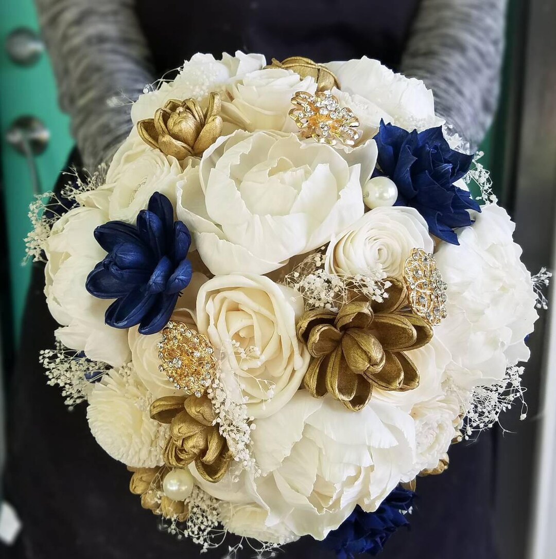 Sola Flower Bouquet, Wooden Bouquet, Navy Blue and Gold, Brooch
