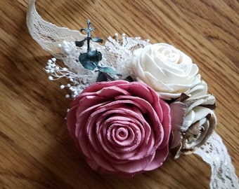 Dusty rose corsage,  wooden flower, bark flower,  sola flower, wrist corsage,  rustic corsage,  lace corsage,  mom corsage, dusty pink