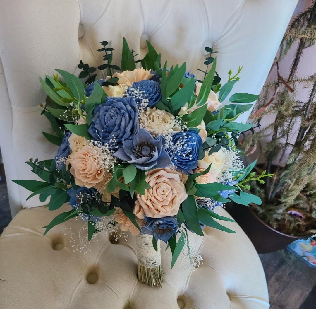 Blush and Slate Bouquet, Sola Wood Flowers, Light Pink and Blue