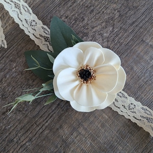 Wood Flower Anemone Wrist Corsage, Wood Wedding Flowers, Anemone Wedding Corsage, Corsages for Moms, Wedding Party Flowers, Prom Corage