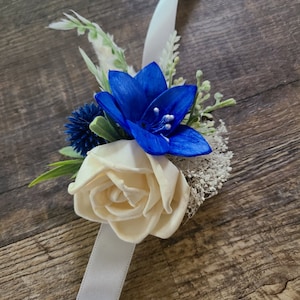 Royal Blue and Lily Winter Wedding Corsage, School Dance Corsage, Lily and Thistle Wood Flower Corsage, Bright Blue and Ivory Wedding