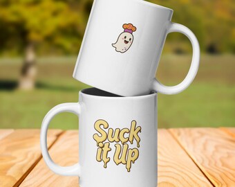 Suck It Up Mug Funny Motivational Coffee Cup Letter Design Gift for Coffee Lovers Sarcastic Morning Quote Mug Unique Quirky Office Ghost Cup