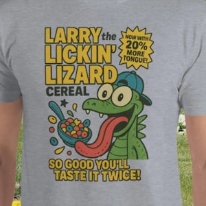 Zabawna koszulka z płatkami śniadaniowymi w stylu retro – Larry the Lickin’ Lizard – koszulka z kreskówkową jaszczurką w stylu vintage – koszulka z lat 90. w stylu zabawnej śniadania – koszulka z grafiką humorystyczną