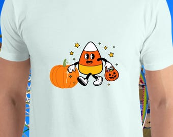 Cute Candy Corn Halloween Shirt Fall Retro Trick or Treat Tee w Pumpkin & Stars Funny Kawaii Candy Corn Shirt Cozy Autumn Party Tee Spooky
