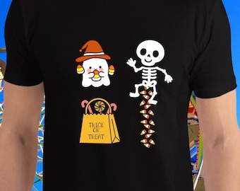 Cute Ghost & Skeleton Halloween Shirt Candy Corn Trick or Treat Fall Shirt Funny Spooky Season Graphic Tee Kawaii Halloween Candy Shirt