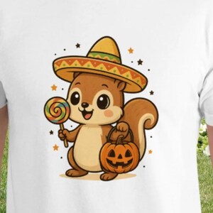 Cute Halloween Squirrel Shirt Cartoon Squirrel Pumpkin and Lollipop – Funny Fall T-Shirt – Festive Sombrero Halloween Tee Autumn Graphic Tee
