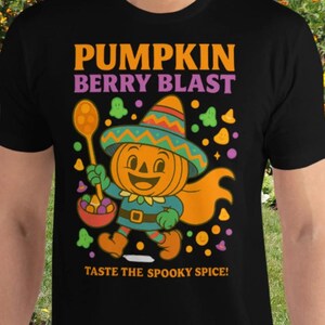 Camiseta engraçada de cereal de abóbora – Camiseta de café da manhã de Halloween – Explosão de frutas e abóbora – Camiseta retrô de desenho animado Jack O' Lantern – BOO – Camiseta fofa e assustadora