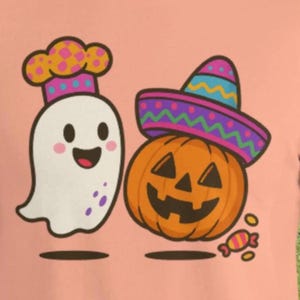 Bonita camiseta de Halloween con fantasma y calabaza. Camiseta de chef de dibujos animados con fantasma y sombrero de Jack-O-Lantern. Divertida camiseta de temporada espeluznante. Top kawaii de Halloween.