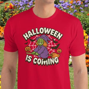 ハロウィンがやってくるシャツ - かわいい空飛ぶ魔女のグラフィックTシャツ - 面白いレトロなハロウィンTシャツ 漫画の面白い魔女シャツ 秋の不気味な季節のシャツ