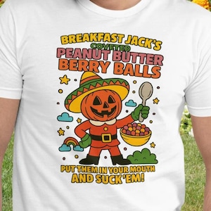 Divertente maglietta di cereali di Halloween - Maglietta con palline di burro di arachidi e bacche di Breakfast Jack, stile retrò, con elfo zucca e cartone animato, grafica carina per le feste a tema cibo