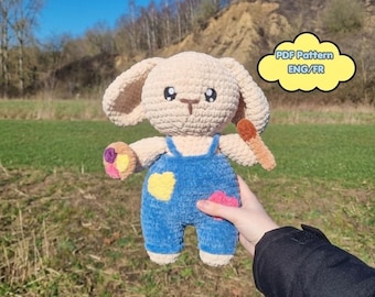 Patrón de conejo pintor a crochet | Amigurumi | Tutorial en francés/inglés | Patrón de crochet | Descarga digital de animal a crochet