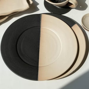 Large Black and White Ceramic Plate | Handmade Round Platter | Japanese Minimalist Pottery | Modern Serving Dish