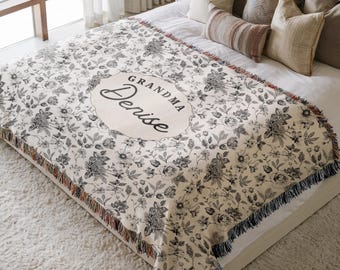 Personalized Grandma Woven Blanket, Custom NanaThrow, Chinoiserie Floral Tapestry, Gift For Grandmother French Toile Country Home Decor