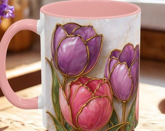 Stained Glass Tulip Mug, Floral Ceramic Coffee Cup, Botanical Tea Spring Aesthetic Drinkware