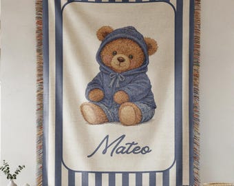 Personalized Teddy Bear Baby Boy Blanket With Name, Custom Newborn Boy Gift, Blue Striped Nursery Decor, Woven Baby Name Blanket
