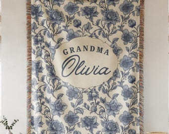 Custom Grandma Blanket, Personalized Vintage Floral Woven Blanket, French Toile Country Gift For Mom