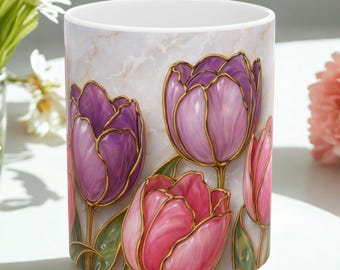 Stained Glass Style Tulip Mug, Floral Coffee Cup Gift For Her, Botanical Ceramic Mug, Flower Tea Cup, Spring Aesthetic Drinkware