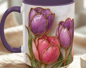 Stained Glass Style Tulip Mug, Floral Coffee Cup Gift For Her, Botanical Ceramic Mug, Flower Tea Cup, Spring Aesthetic Drinkware