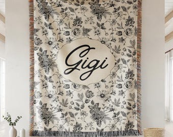 Personalized Grandma Woven Blanket, Custom Nana Gigi Throw, Toile De Jouy Floral Tapestry, Gift For Grandmother French Country Decor Home