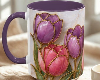 Stained Glass Style Tulip Mug, Floral Coffee Cup Gift For Her, Botanical Ceramic Mug, Flower Tea Cup, Spring Aesthetic Drinkware