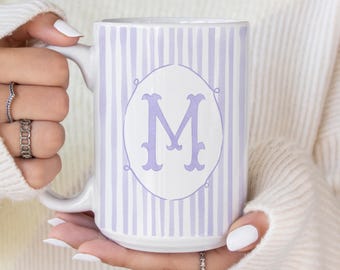 Personalized Initial Mug Gift For Her, Custom Name Coffee Mug, Monogram Striped Mug, Bridesmaid Gift, Birthday Gift Best Friend