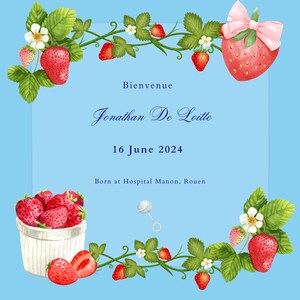 Tarjeta de anuncio de nacimiento de bebé - Tarjeta digital e imprimible para recién nacido - Anuncio personalizado del nombre del bebé - Tema de fresa en acuarela