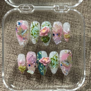 Fairycore Pastel 3D Press on Nails, Nature-Inspired by Lotus and Butterfly, Pink Flower Nature Fake Nails, Dreamy Iridescent Acrylic Nails
