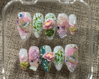 Fairycore Press On Nails: Lotus Butterfly Pastel Acrylic Nails