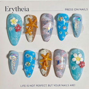 Beach 3D Tropical Theme Press on Nails, Ocean-Inspired by Flowers, Starfish and Seashells, Summer Coastal Nail, Acrylic Faux Nails Press on
