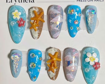 3D Beach Press On Nails: Tropical Seashell Starfish Design