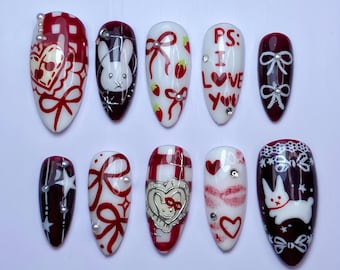 Bunny Valentine Press-On Nails, Red White Black Bows Hearts (Reusable)