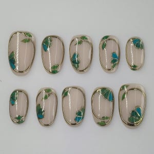 Stained Glass Press On Nails, Beige & Green Nail Design, Floral Transparent Nails, Handpainted False Nails, Stained Glass Flower Nails Art