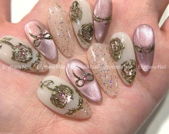 Luxury Glitter Press On Nails, Glossy Pink & White Design with Rose and Bow Detail, Sparkle 3D Gold Embellishment, Cat Eye Effect Nail Set