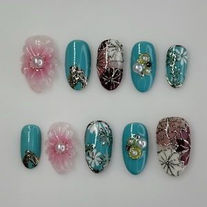 Flower and Pearl Press on Nails, Colorful Fall 3D Floral Handmade Nail, Luxury Blue Nails With Silver Foil Acrylic Nail, Japanese Style Nail