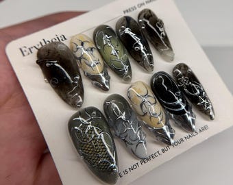 Gothic Chrome Press On Nails, 3D Mental Silver Accent & Black Chain Nail Art Design, Luxury Dark Aesthetic Nails, 3D Punk Acrylic Nails