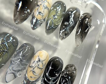 Gothic Chrome Press On Nails, 3D Mental Silver Accent & Black Chain Nail Art Design, Luxury Dark Aesthetic Nails, 3D Punk Acrylic Nails