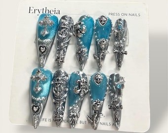 Gothic Chrome Press on Nails, Handmade Cross and Rose Custom 3D Art Nails, Silver & Blue Acrylic Nails, Punk Metallic Silver Reusable Nails