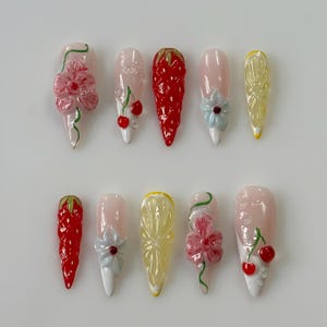 Fruit Press On Nails, Summer Holiday with Strawberry, Lemon, Cherry & Flower, Sweet Fruit Nails, Cute Red and Pink Nails, Kawaii Gift Nails