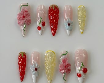 Strawberry Lemon Cherry Press On Nails: Summer Fruit, Kawaii False Nails