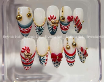 Christmas Press On Nails, Holiday with Snowflakes and Candy Cane Details, Winter Colorful French Tip Nails, 3D Handmade Festive Event