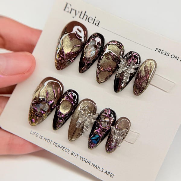 Black Brown Chrome Press on Nails, Gothic Y2k Acrylic Nails Press on, Custom 3D Art Hand Painted Nails, Reusable Nails Press on Nails