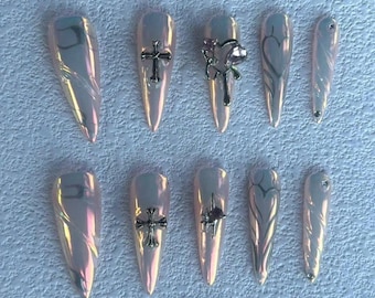 Pink Chrome Y2K Mirror Finish Nails, Long Stiletto Acrylic Nails Press on, Hand Painted Nails, Reusable Nails, Pink Press On Nails