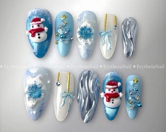 Winter Press On Nails, Snowman and Christmas Tree Acrylic Nails, Blue & White Christmas Detail Handmade Nails, Snowflake Design Fake Nail