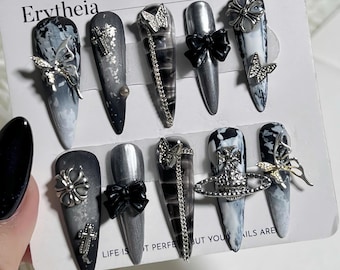 Gothic Black Chrome Press On Nails: 3D Cross, Bow & Butterfly - Hand Painted Gel