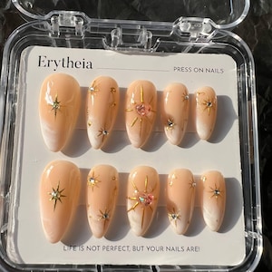 Twinkle Star Nail, Pearlescent French Nails, Acrylic Nails Press on, Hand Painted Nails, Faux Nails, Reusable Nails Press on Nails, Gel Nail