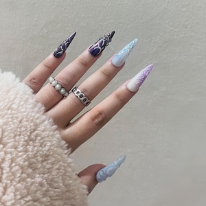 Purple and White Silver Chrome Press on Nails, 3D Aurora Long Stiletto Nails, Gothic, Y2K Press On Nails. Reusable Gel Nails