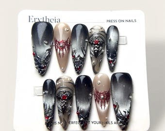 Y2K Press on Nails, Cross Custom 3D Acrylic Nails, Black, Red, and Silver Design with Crystal Details, Punk Dark Reusable Nails