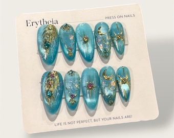 Blue Cat Eye Press On Nails, Celestial Sparkle Acrylic Faux Nails, 3D Star & Moon Custom Handmade Nails, Glitter Gold Accents Reusable Nails
