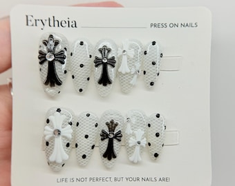 Gothic Chrome Press On Nails, White Lattice Base with 3D Crosses & Rhinestones, Y2K Glitter Fake Nails, Handmade Sparkle Nails