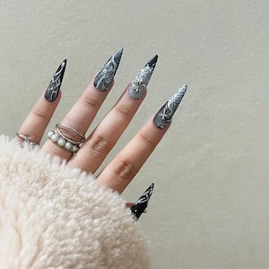 Y2K Black Silver Chrome Press on Nails, Gothic 3D Cross, Bow, and Pearl Art Acrylic Nails, Hand Painted Nails, Reusable Handmade Gel Nails